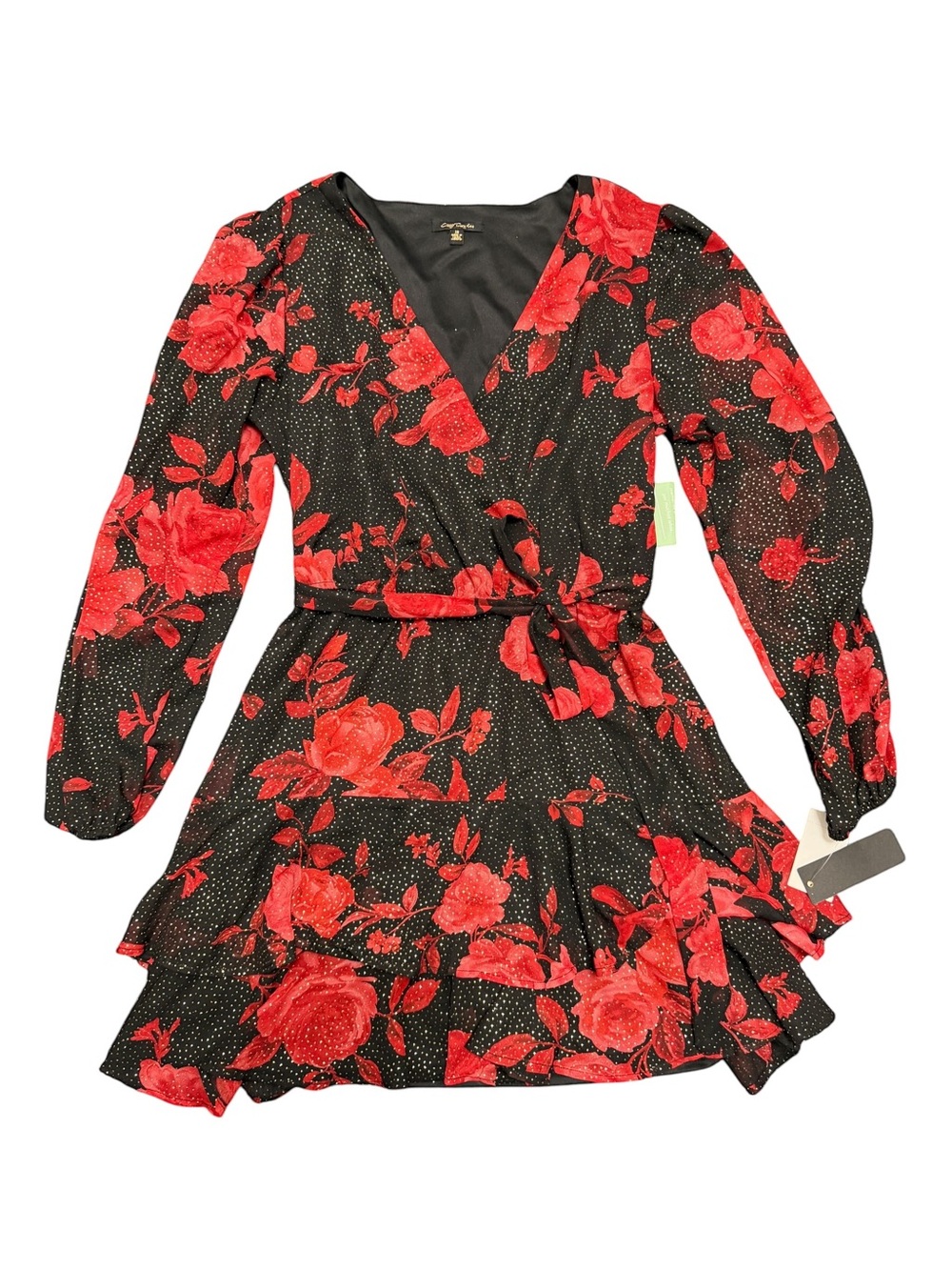 Floral Wrap Sparkle Mini Dress with Red Rose Print
